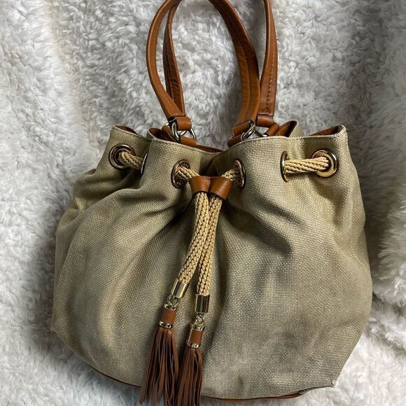 Michael Kors canvas faded gold shoulder bag Gold Threads Drawstring Rope Tassels - Picture 2 of 16